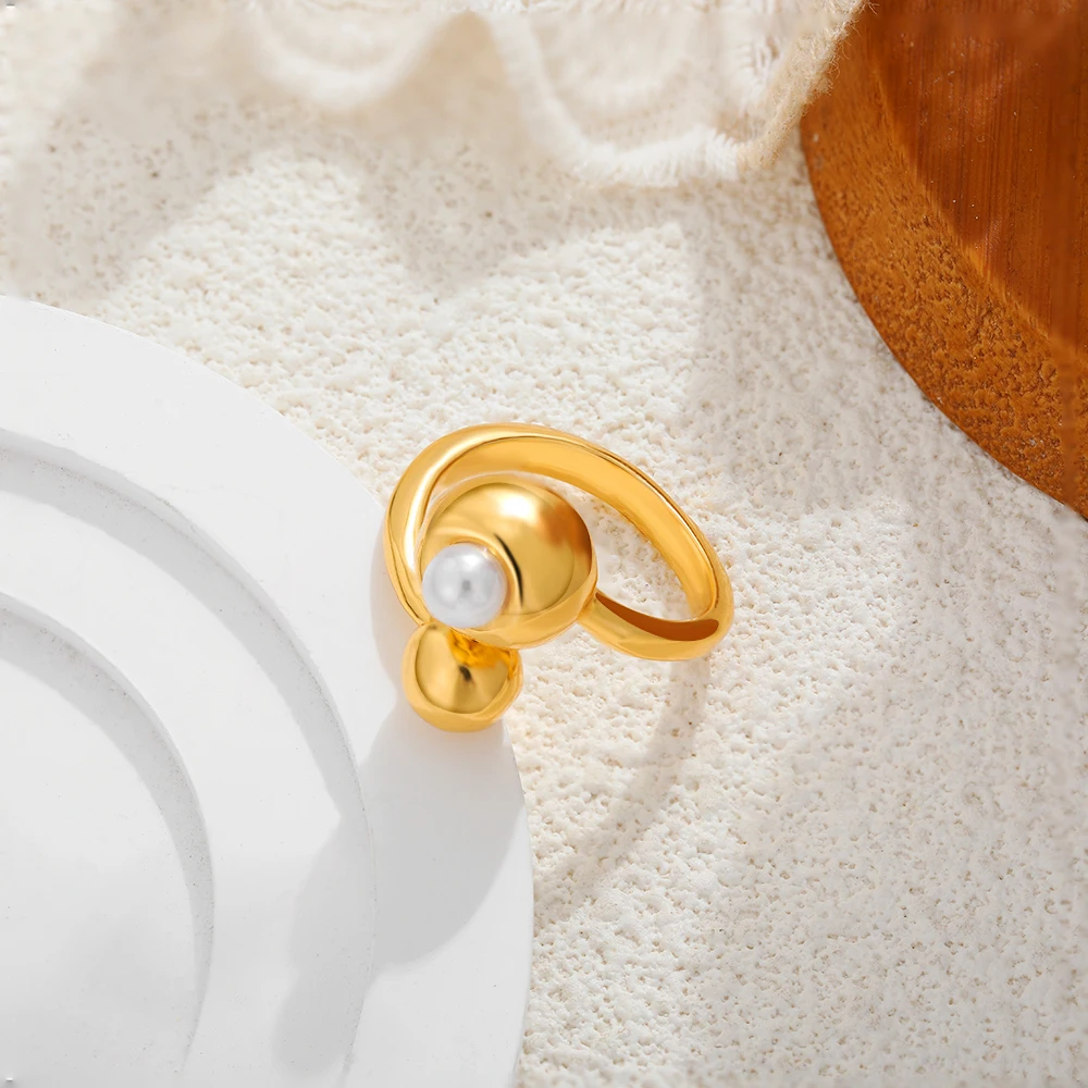 18K Gold Plated PVD Thick Metal Ball Open Knuckle Ring Unique Stainless Steel Imitation Pearl Rings Everyday Fashion Jewelry New