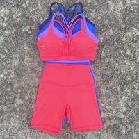 Solid Color Gym Bike Yoga Set Short Legging Cross Back Sport Bra 2pc Tracksuit Athletic Women Gym Suit Comprehensive Training Jo
