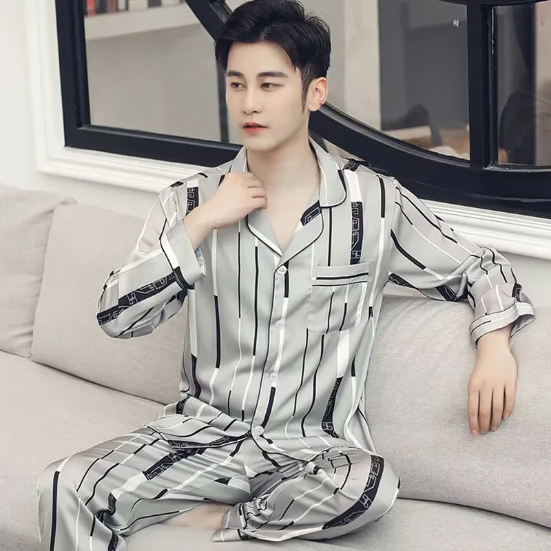 Summer Silk Sleepwear Men Pajamas Sets Tops Pants Two Pieces Loungewear Nightwear Lounge Suits Pajamas Loose Sleep Lounge New