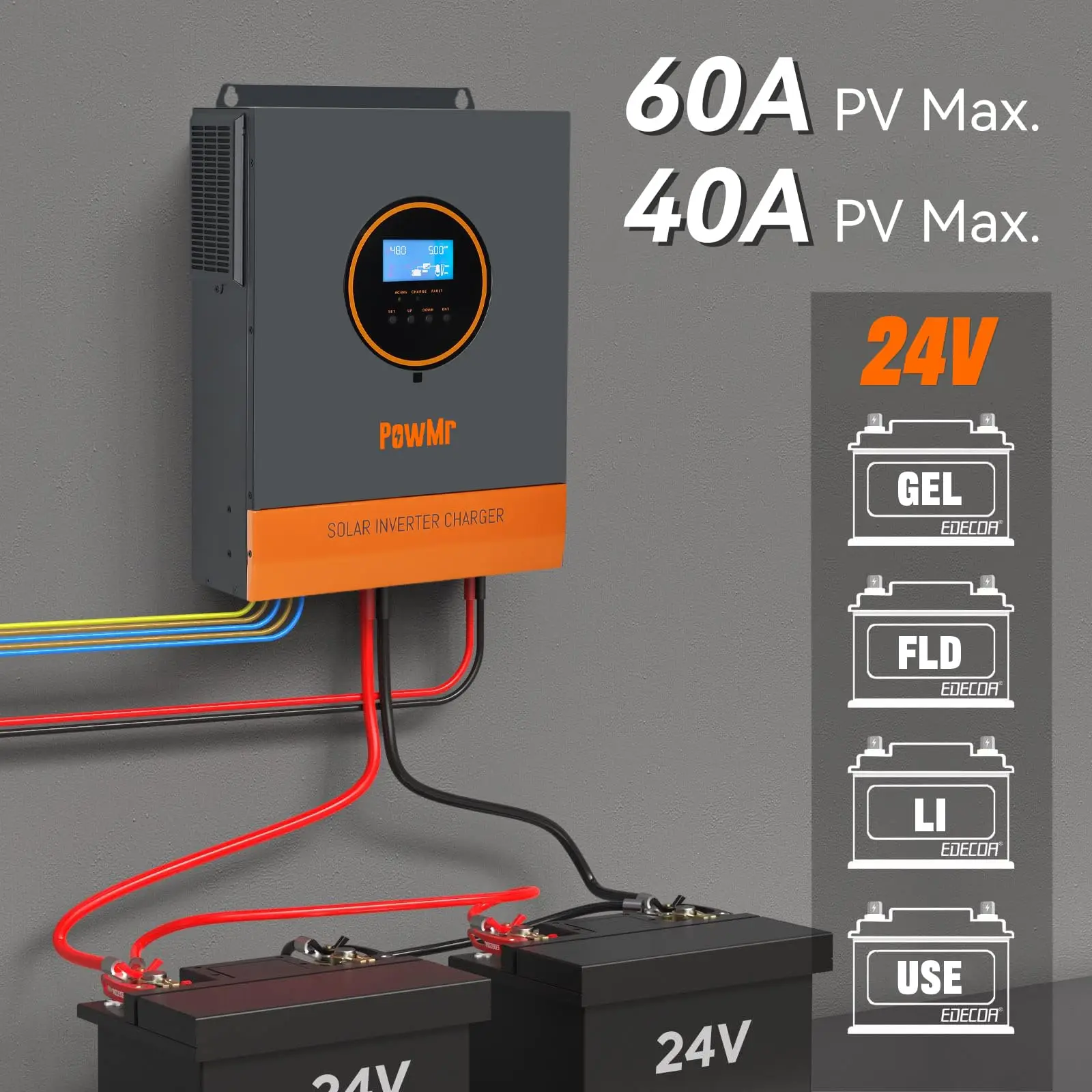 PowMr 3.2KW 110V 하이브리드 태양광 인버터 24V 리튬 배터리용 순수 사인파 100A MPPT 컨트롤러 태양광 패널 90V-108V 내장