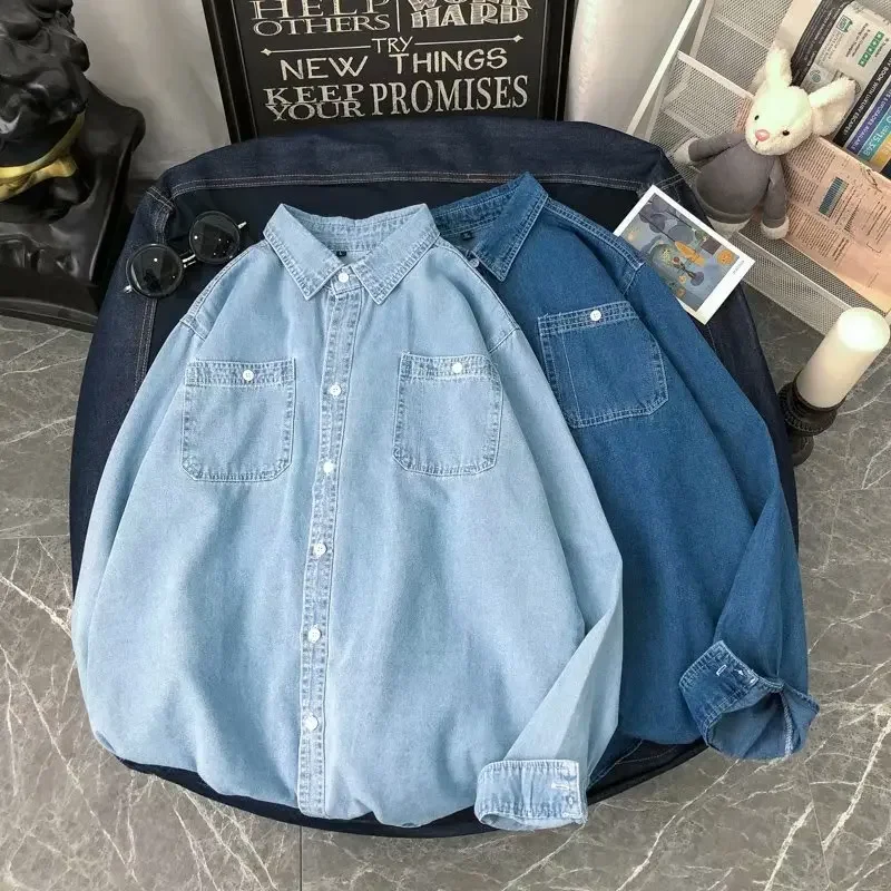 Spring Denim Shirt Men's Korean Long Sleeve Student Couple Thin Jacket Casual Minimalist Style