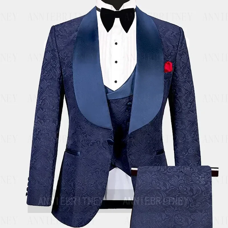 High Quality Custom Jacquard Men Suit Sky Blue Jacket Vest Pants 3 Pieces Tuxedo Slim Fit Party Prom Wedding Groom Blazer Sets