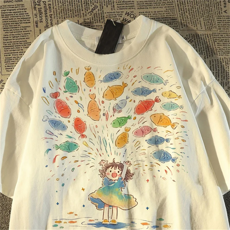 Fish Cute Girls Print Cotton Women T shirts Summer Oversize Japan Short Sleeve Breathable Casual Women's T-shirt Tops Tee Y2k 1