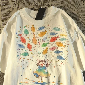 Fish Cute Girls Print Cotton Women T shirts Summer Oversize Japan Short Sleeve Breathable Casual Women's T-shirt Tops Tee Y2k 1