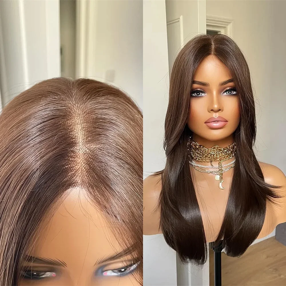 글루리스 프리 스트레이트 브라운 롱 26인치 5x5 실크 베이스 유대인 인모 가발 베이비 헤어 HD 레이스 유럽산 헤어 프리플럭드