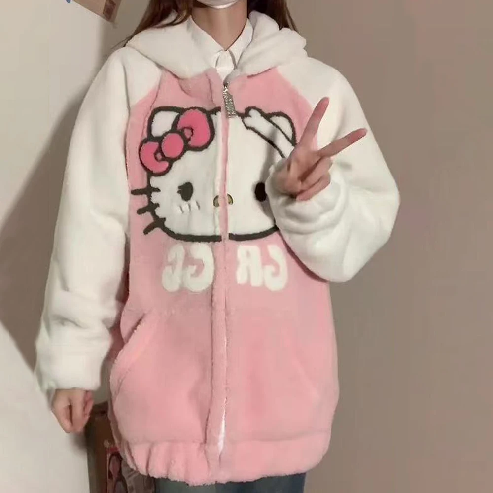 

Kawaii Sanrio Hello Kitty Women's Hooded Jacket Anime Preppy Look Thickened Warm Coat Girly Autumn Winter Loose Casual Outwear