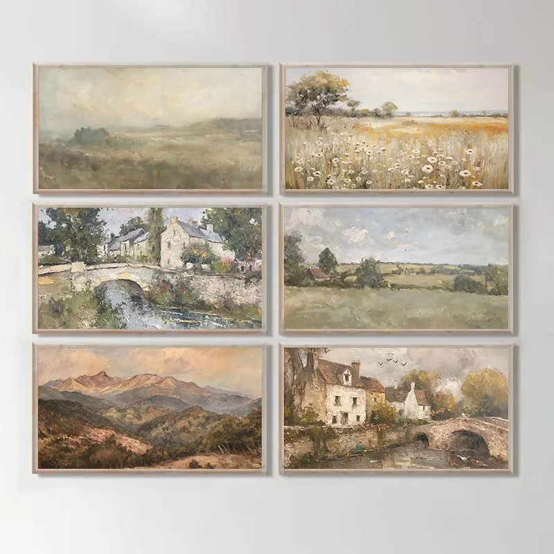 ภาพพิมพ์บนผ้าใบลายวิวชนบทสไตล์วินเทจแบบฝรั่งเศส วิลล่า ยุโรป ฟาร์มเฮาส์ ทุ่งดอกไม้ ภาพตกแต่งผนังบ้าน 1