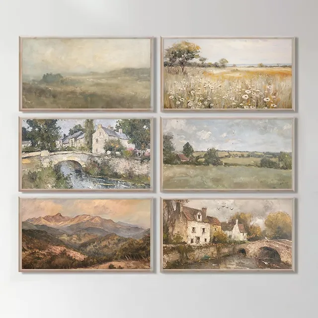 ภาพพิมพ์บนผ้าใบลายวิวชนบทสไตล์วินเทจแบบฝรั่งเศส วิลล่า ยุโรป ฟาร์มเฮาส์ ทุ่งดอกไม้ ภาพตกแต่งผนังบ้าน 1