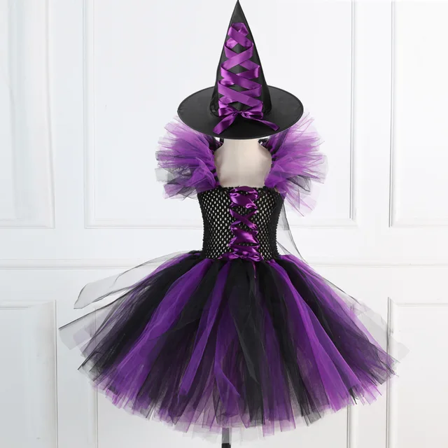 2022 Enfants Déguisement Sorcière Costume Pour Filles Halloween Tutu Robe  de genou avec chapeau Balai Pantyhose Carnaval Cosplay Party Outfit Set