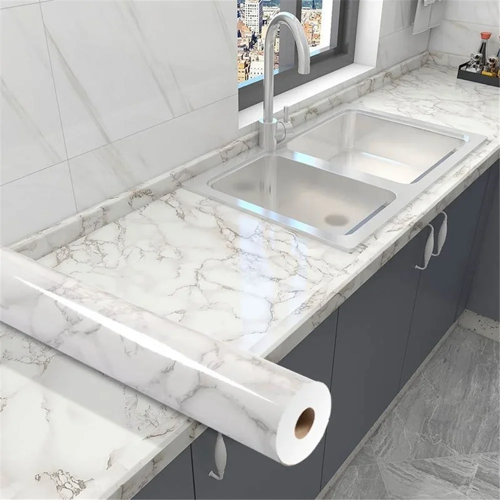 60/80cm Wide，Waterproof Marble Wallpaper Self Adhesive Vinyl Sheet for Desktop Modern Furniture Cabinets Kitchen Home Decor Film