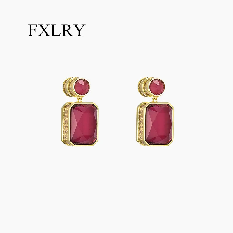 FXLRY High Quality Red Color Cubic Zirconia Luxury Simple Wedding Luxury Solid Geometry Earring For Women Wedding Jewelry