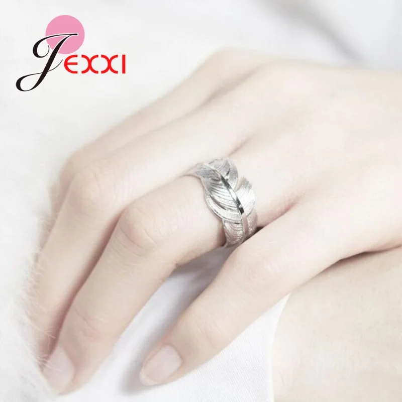 Silver Ring 925 Sterling Silver Feather Shape Open Finger Rings For Women Crystal Jewelry Christmas Gift Adjustable