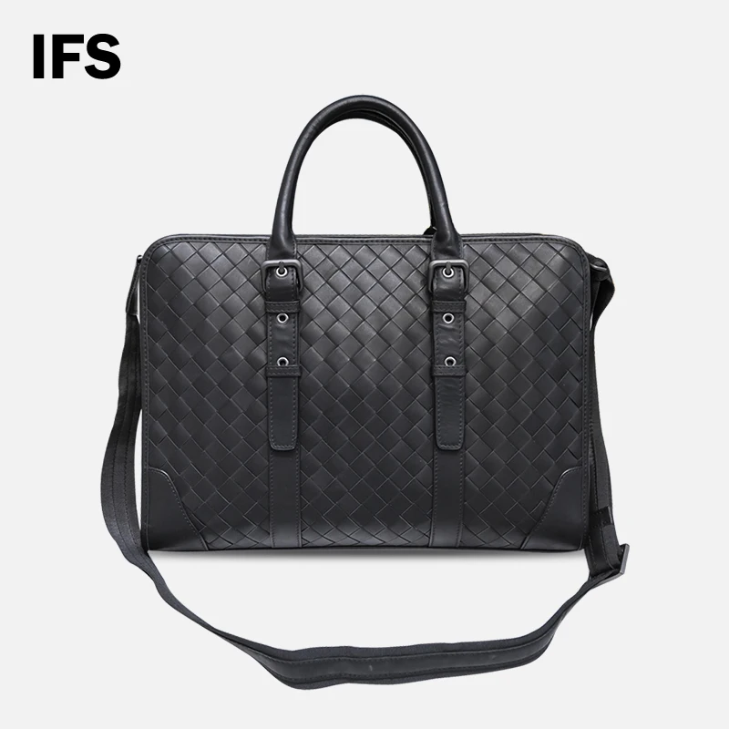 

IFS Men's Genuine Leather Business Weaving Fashion Luxury Crossbody Travel Briefcase Laptop Computer Bag Adjustable Handle