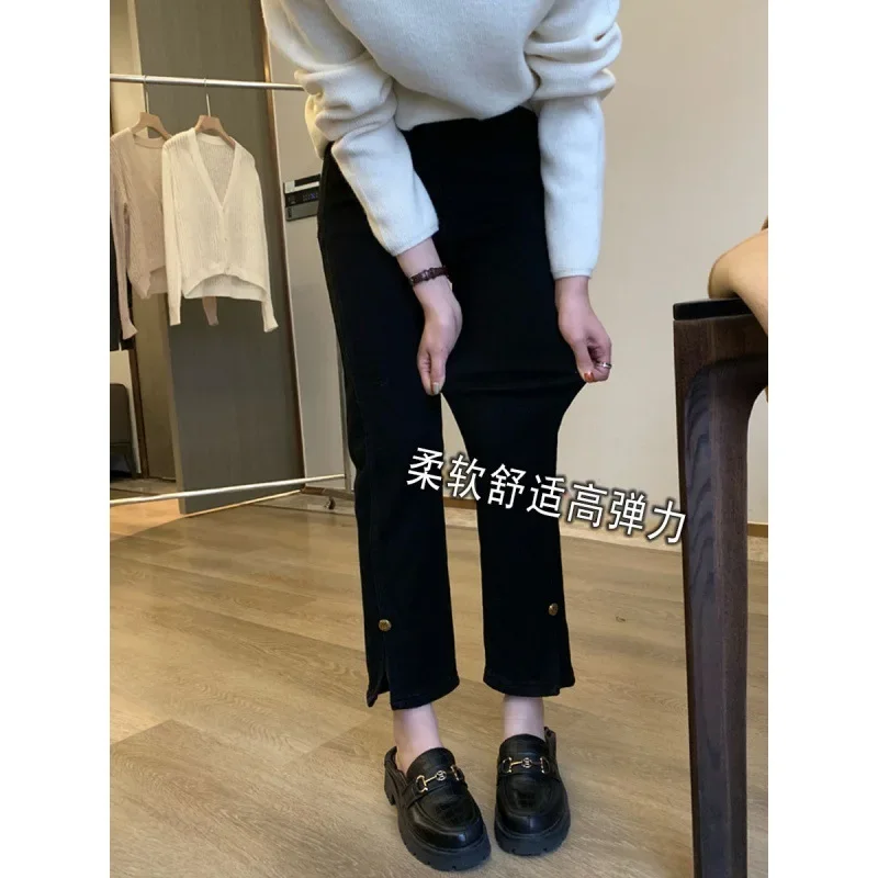 

Women Solid Slim Fit Straight Long Denim Pants Autumn Slit High Waist Pockets Jeans Regular Trousers Splice Ladies 2023