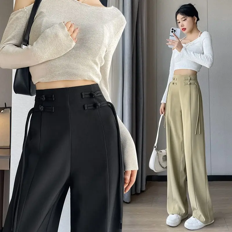 new chinese improved trousers oriental pan button suit pants for women high waist relaxed lady daily straight leg pants