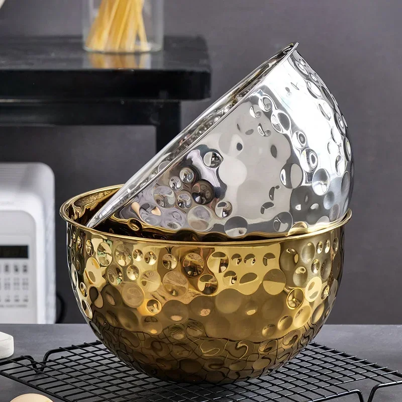 Stainless Steel Dish Gold /Silver Stainless Steel Hammer Point Fruit Bowl Salad Plate Egg Pot Thickened Baking Mixing Cooking Bowl Creative Decoration