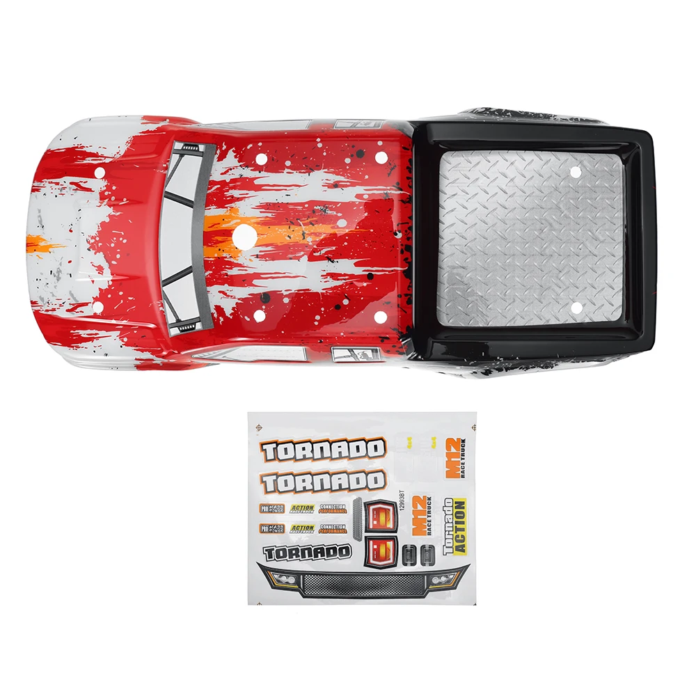 Coque de carrosserie RC rouge avec aileron arrière et autocollants de course.