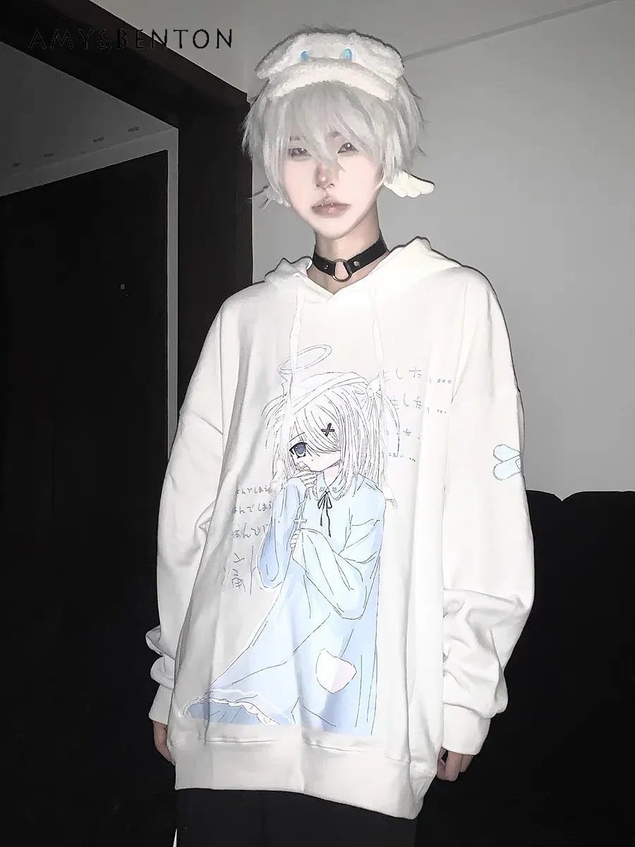 

Japanese Harajuku Anime Print Y2K Hoodies Women Mine Mass-Produced White Oversized Sweatshirt Preppy Style Loose Kawaii Hoodie