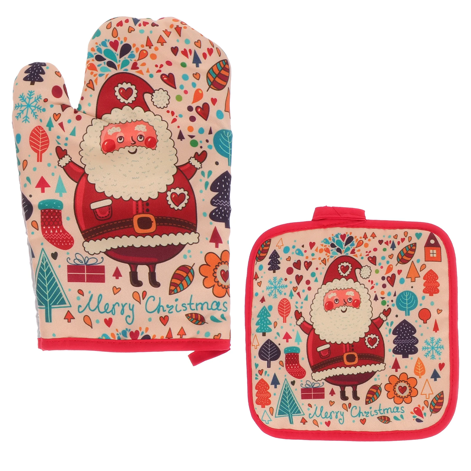 

1 Set Christmas Table Placemat Microwave Oven Glove Snata Claus Printed Heat Insulation Glove Set Kitchen Cooking Xmas Glove