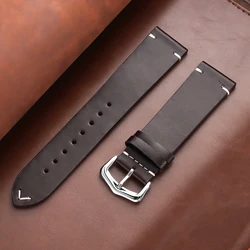 Retro Leather Watch Strap - Universal Cowhide Band with Stitching, Oil Wax Finish - 22mm (Dark Brown)