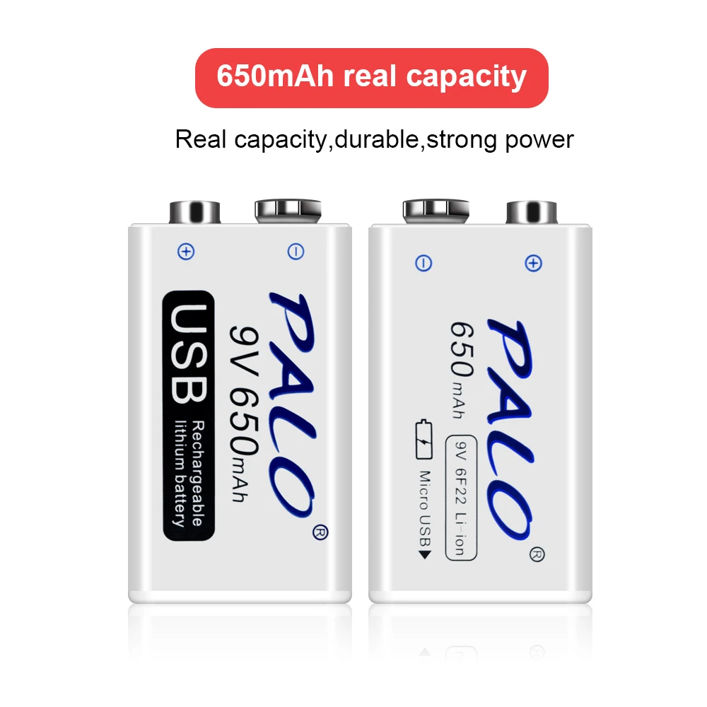 Rechargeable 9V Battery 650mAh Micro USB 9 Volt 6F22 Lithium Crown 9v Batteries for Multimeter KTV Microphone Metal Detector