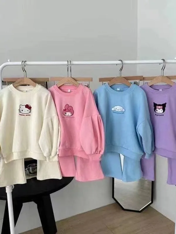 

Kawaii Sanrio Kuromi Girls Sweatshirts Kids Leisure Two Piece Set Trousers Hello Kitty Stuff Printing Pant Children's Clothes