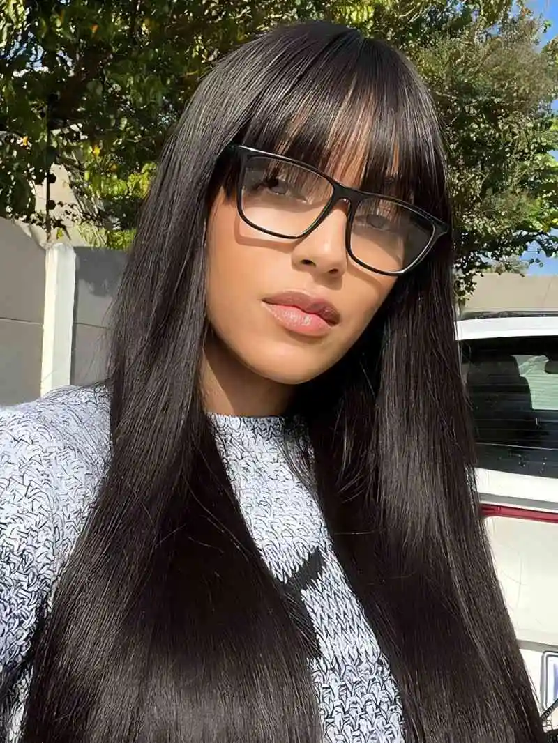 Bangs 4x4 Lace Closure Human Hair Straight Wigs Human Hair Pre Plucked with Baby Hair Unprocessed Virgin Wig 220%