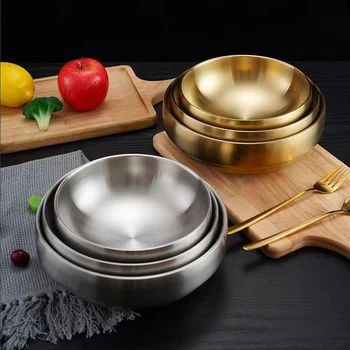 Ciotola per noodle freddi a doppio strato in acciaio inossidabile 304 Oro Argento Stile coreano Anti-scottatura Grandi ciotole per zuppa di insalata Utensili da cucina 1
