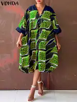 Plus Size 5XL VONDA Women Summer Dress 2024 V Neck Bohemian Printed Beach Sundress Casual Midi Vestidos 3/4 Sleeve Loose Robe - Image 4