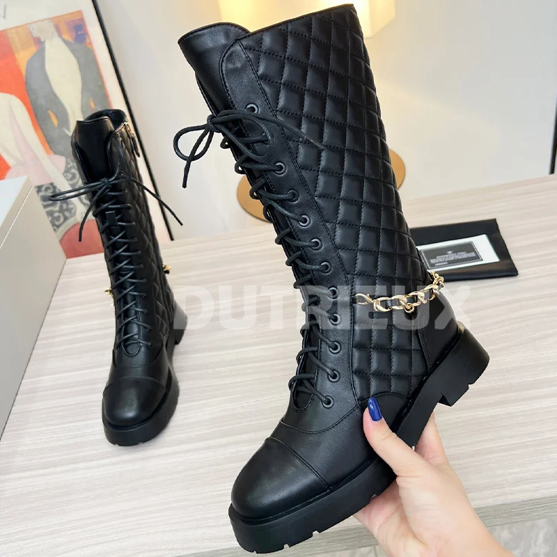

Women Long Boots Spring Autumn New Rhombic Upper Design Metal Decoration Round Head Long Boots Fashion Versatile Female Shoes