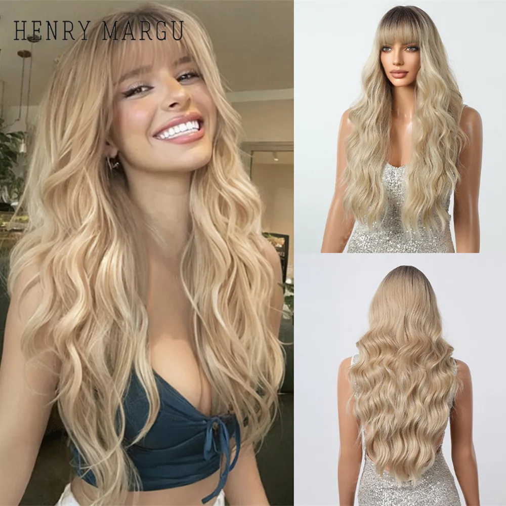 

HENRY MARGU Blonde Long Wavy Wigs with Bangs Ombre Light Blonde Hair Wig for White Women Natural Looking High Temperature Wig