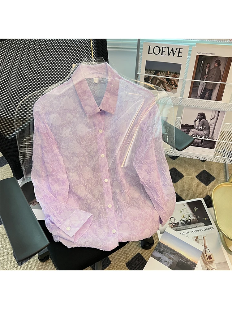 

2023 Spring Retro Lapel Thin Long Sleeve Shirt Elegant Casual Fashion Button Floral Blouse Autumn Hawaiian Style Women Tops