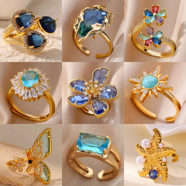 Bagues de luxe en Zircon coloré bleu pour femmes, en acier inoxydable plaqué or, fleur papillon, bijoux brillants de fête exquis, 2025