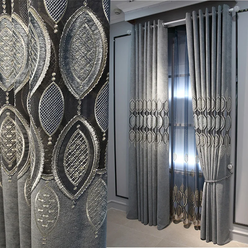 

European Style Curtains for Living Dining Room Bedroom Custom Luxury Hollow Embroidery Gray Simple Modern Door Window Curtain