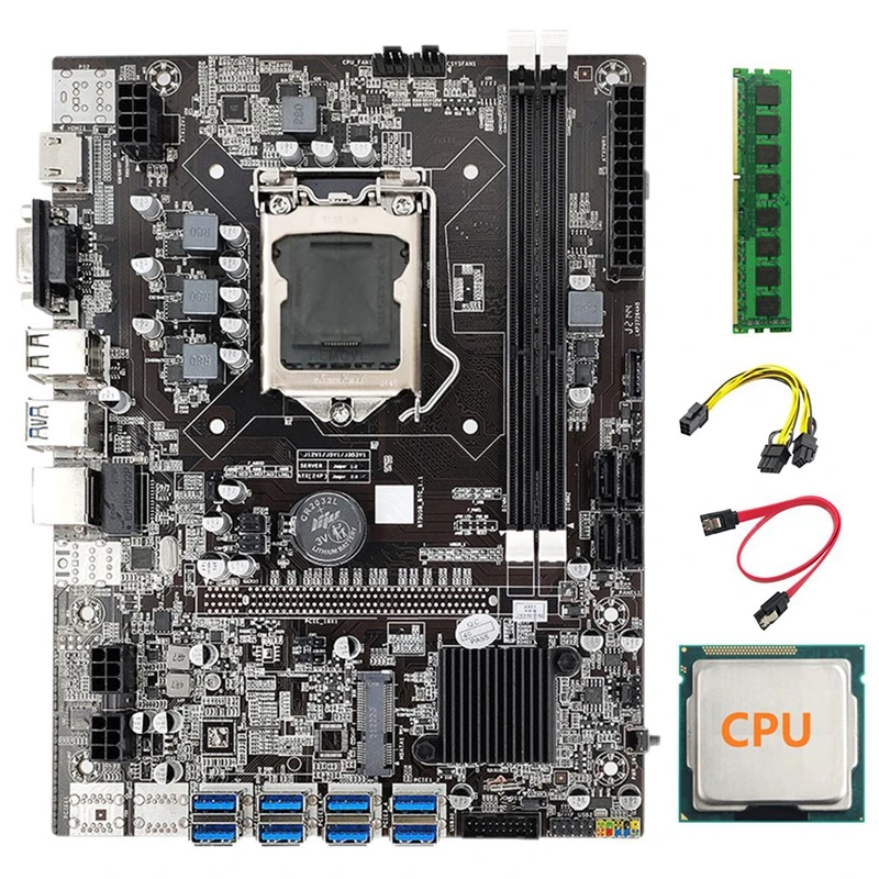 ETH-B75 Mining Motherboard LGA1155 8 GPU PCI-E 1X 16X Random CPU+6Pin To Dual 8Pin Cable+SATA Cable+DDR3 4GB 1333Mhz RAM best motherboard 