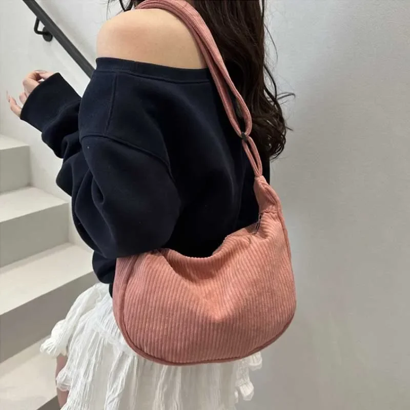 Casual Light Corduroy Hobos Shoulder Bags for Women Simple Solid Color Ladies Crossbody Bag Fashion Female Travel Handbags Tote