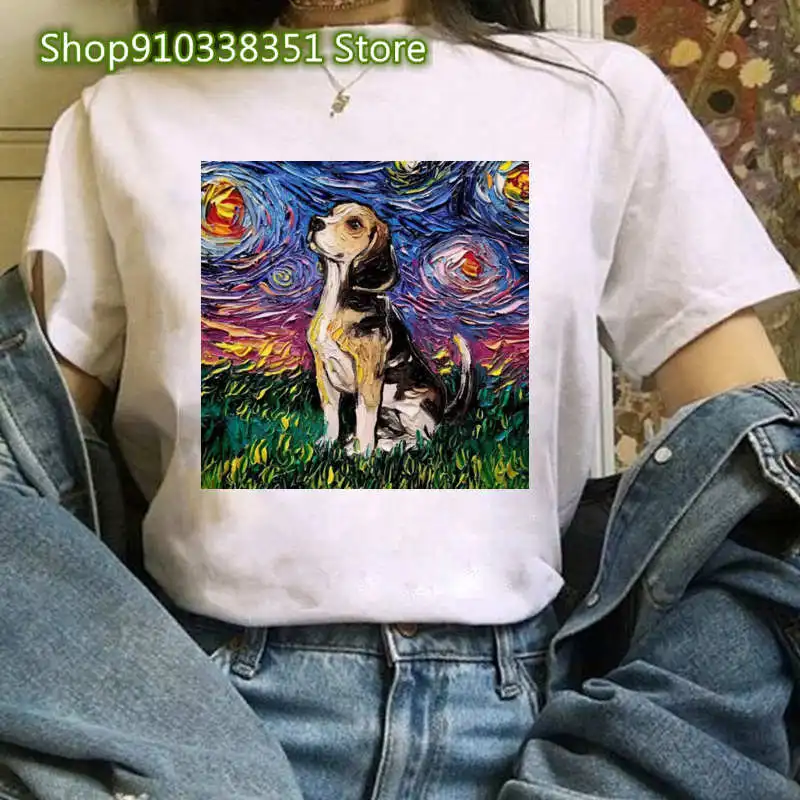 Beagle T Shirt Donna Van Gogh Dog Stampato Maglietta Femminile Maglietta Grafica Di Moda Harajuku Coreano Maniche Corte Vestiti Femminili