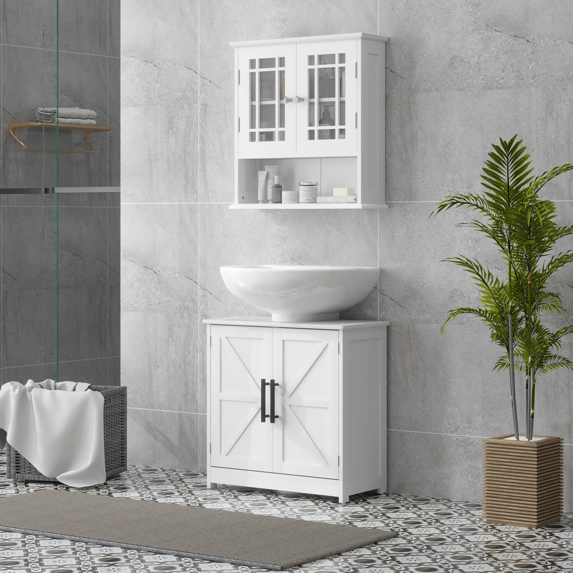 Homcom Pedestal Sink Storage Cabinet, Farmhouse Freestanding Bathroom Sink Cabinet with 2 Barn Doors and Adjustable Shelf, White 2