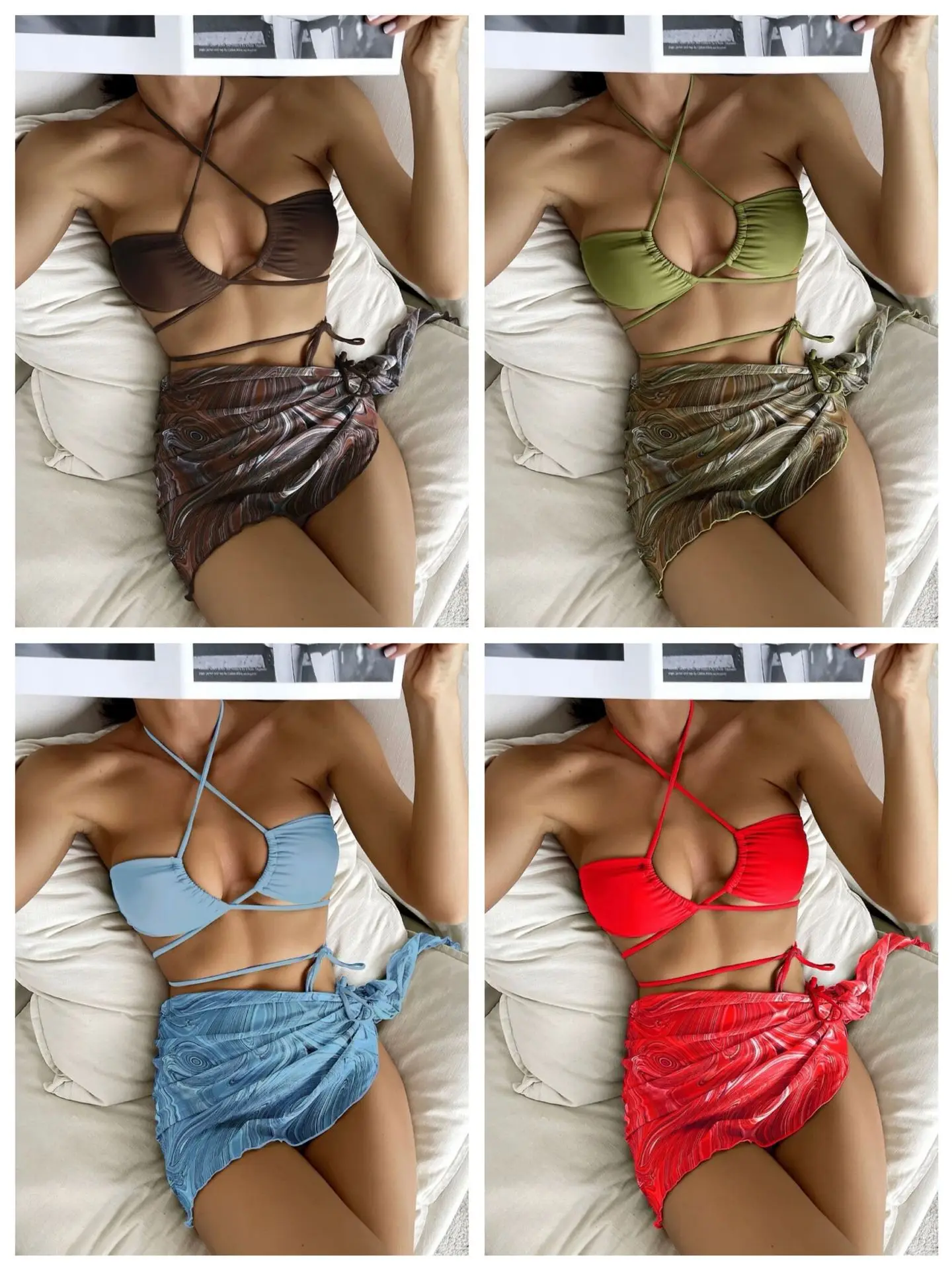 

Bikini Fashion Sexy Swimwear Drawstring Lace Short Skirt Mesh Three Piece Set Bikini