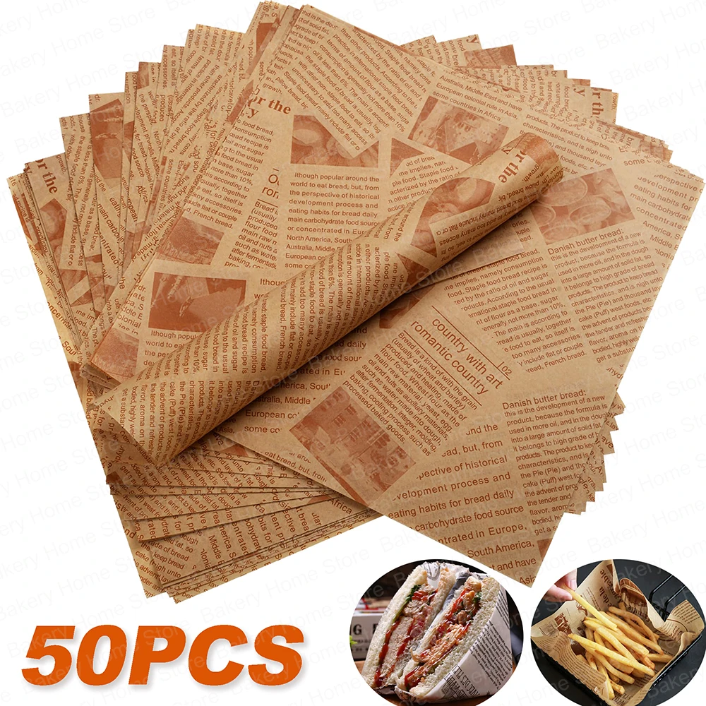 50PCS Square Disposable Deli Wax Paper Sheets for Food Basket Liners Old Newspaper Style Mat for Wrapping Breads Burgers French