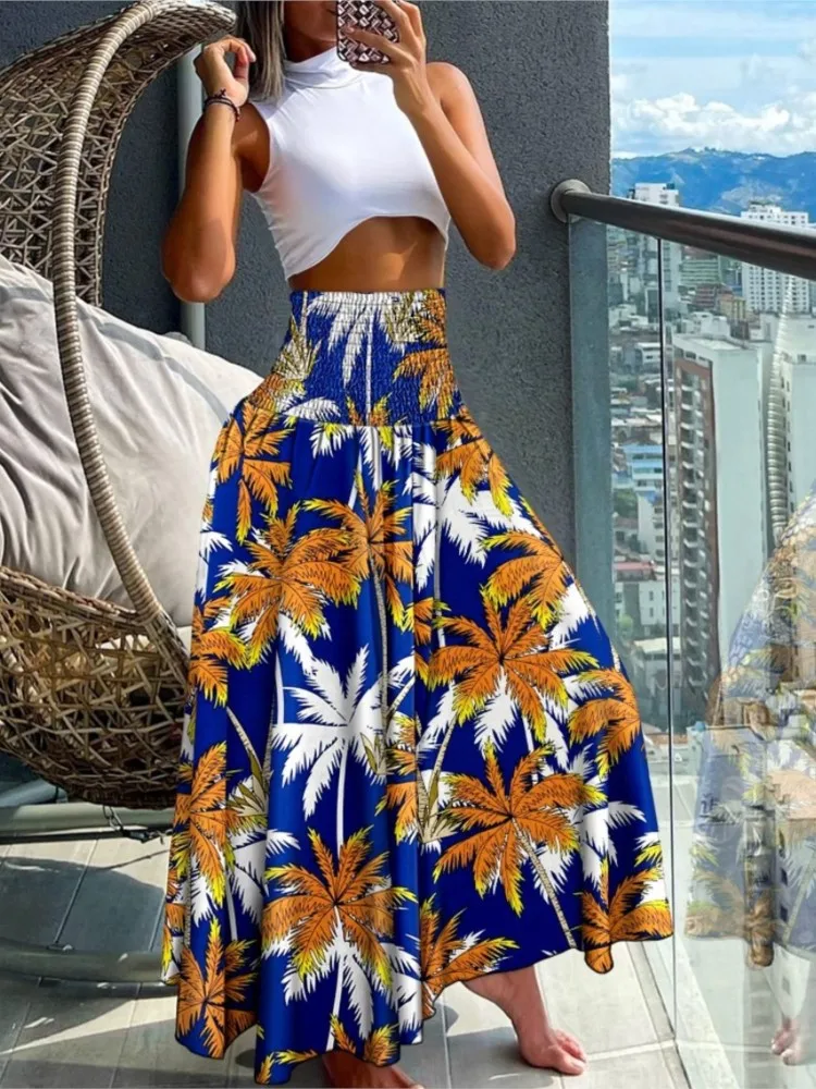 

Elastic High Waist Vintage Print Skirts Women Fashion Boho Holiday Beach Shirt Female 2024 Big Swing Loose Casual Long Skirts