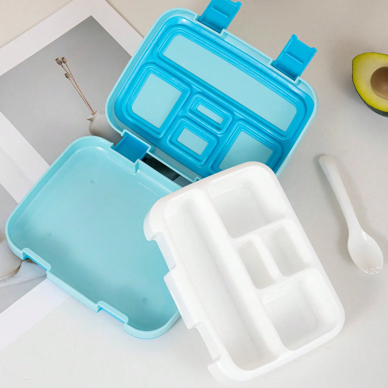 1pc-5 Compartments Plastic Bento Box, Divided Portable Lunch Box, Suitable For Outdoor Camping Hiking Travel