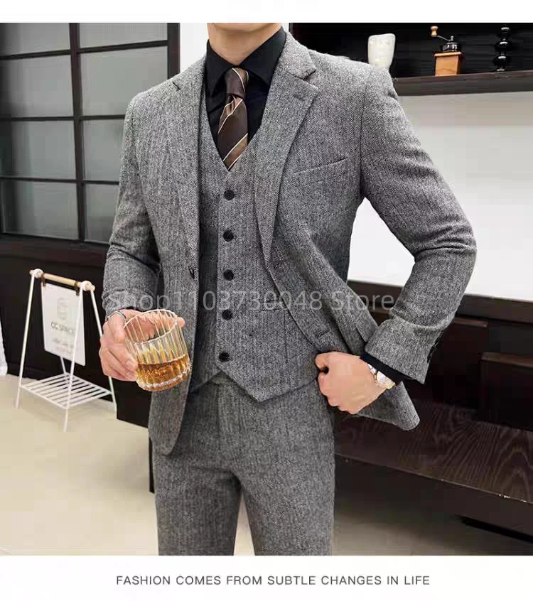 Slim Fit Grey Mens Tweed Herringbone Wedding Suits Prom Groom Tuxedos 3 Piece Notch Lapel Blazer+Vest+Pants Tweed for Business
