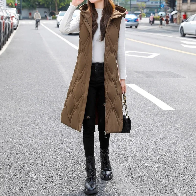 2022 Women's Long Winter Coat Vest Hooded Sleeveless Thick Warm Down Coat Pockets Quilted Vest Female Down Jacket Oversized Vest
