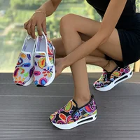 Women's Wedge Shoes New Spring Autumn Fashion Round Toe Floral Pattern Embroidery Mesh Platform Sneakers Increase Height Shoes 2