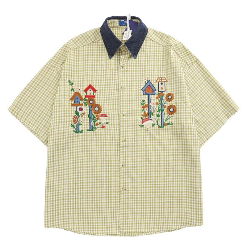 SummerJapaneseRetroPatchworkDenimCollarPlaidShortSleeved