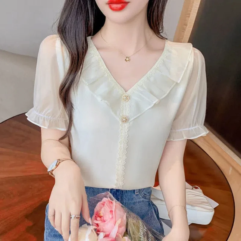 V넥 시폰 블라우스, 플리츠 솔리드 반팔, 루즈한 올 매치 얇은 셔츠, 템퍼러먼트 패션, 여성 의류, 여름 신상