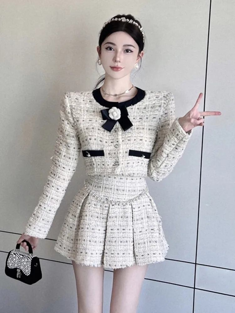 

2023 Quality Small Fragrance Tweed 2 Piece Set Women Short Jacket Coat Crop Top + Skirt Suits Luxury Brand Beading Two-piece Set