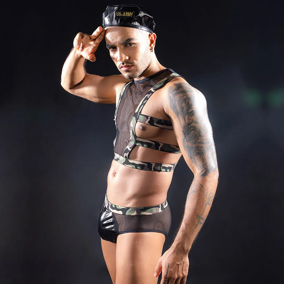 JSY Sexy Army Uniform Cosplay Lingerie Men Underwear 4 Pieces Bondage Top And Pants Set Erotic Costumes Sexy Role Play Outfit