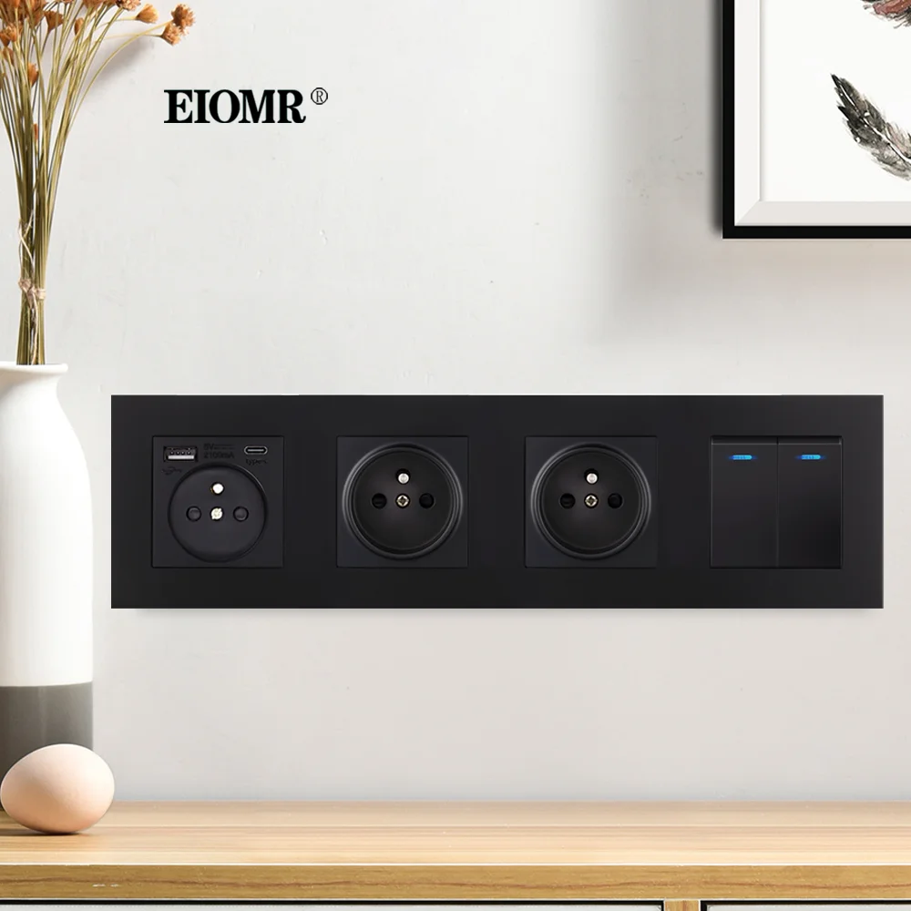 EIOMR-검정색 로커 스위치 다중 플러그 소켓 조합 AC 110 250V 5V 2.1A 16A, 프랑스 표준 전원 콘센트 벽 스위치